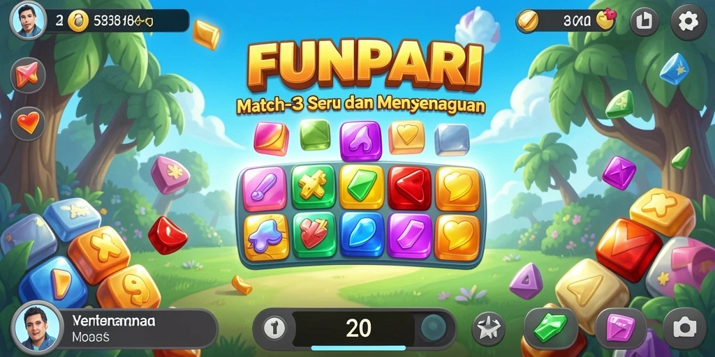 Tampilan permainan <strong>FUNPARI</strong> yang menarik dengan gameplay Match-3.
