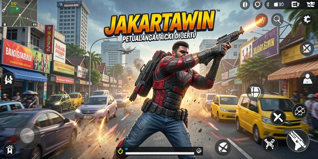 Screenshot JAKARTAWIN menampilkan aksi seru di tengah kota Jakarta.