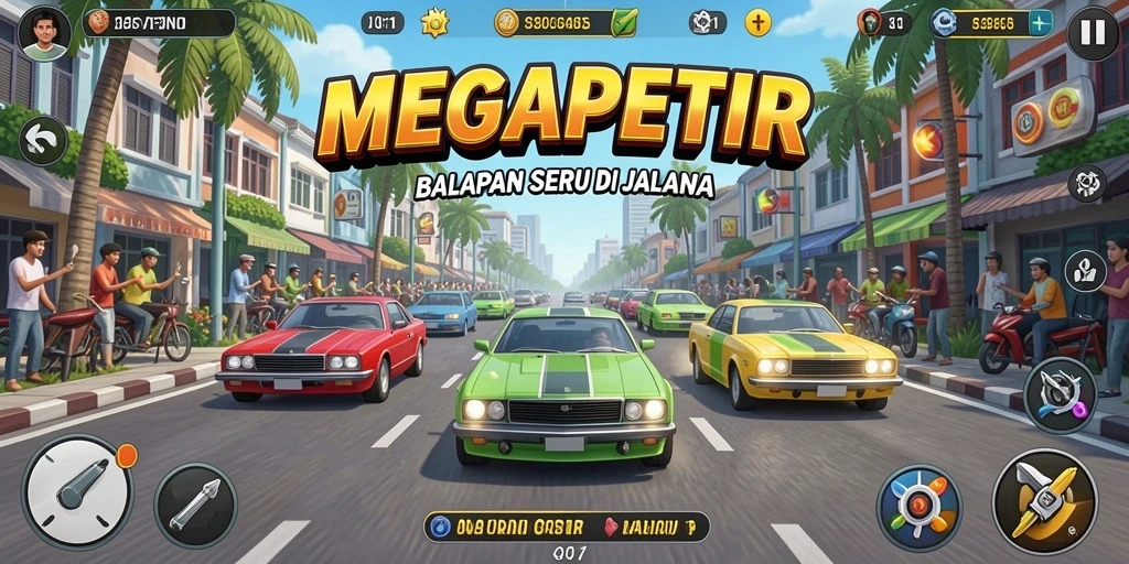Screenshot gameplay MEGAPETIR yang menunjukkan balapan seru di jalanan.