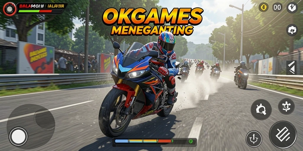 Tampilan gameplay yang menarik dari OKGAMES saat balapan motor.