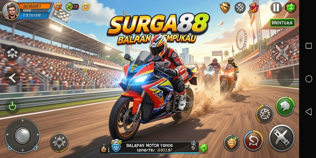 Tampilan gameplay balapan motor yang mendebarkan di SURGA88.